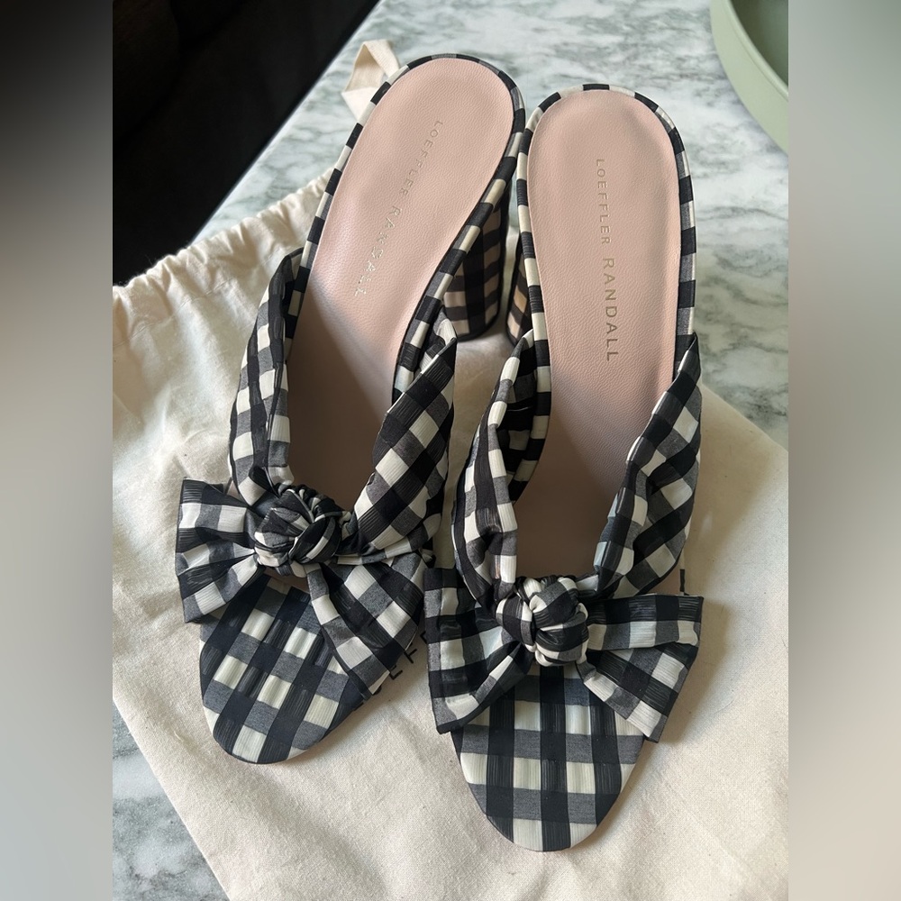 LOEFFLER RANDALL Coco Black and White Gingham Check Knot Open Toe Sandal